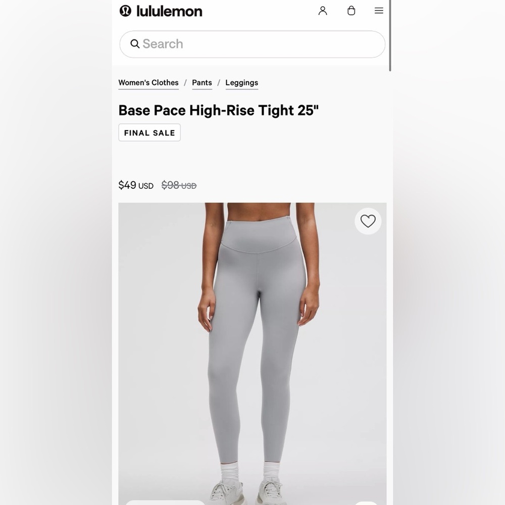 Base Pace High-Rise Tight 25" -Rhino Grey /size 8